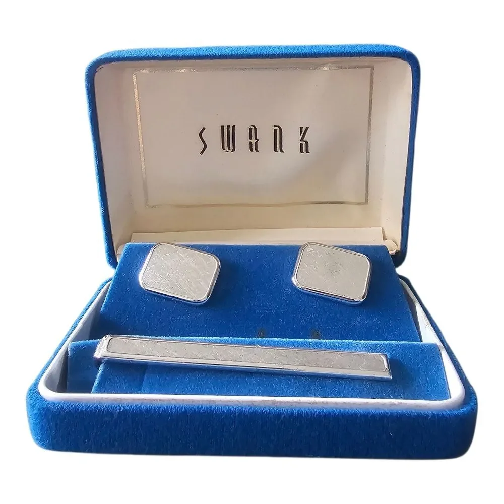 Vintage New In Box Swank Cufflinks and Tie Bar Silver Rectangular